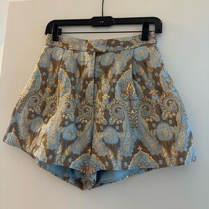 Sandro Blue and Gold High Waist Shorts with Baroque Print